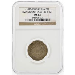 1890-1908 China 20 Cents Kwangtung L&M-135 Y-201 NGC MS62
