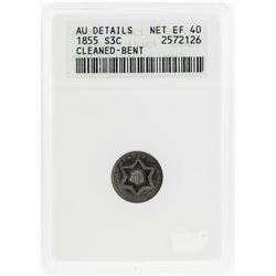 1855 Three Cent Silver Coin ANACS AU Details- Cleaned Bent