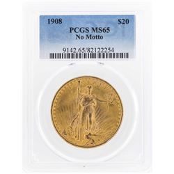 1908 NM $20 St. Gaudens Double Eagle Gold Coin PCGS MS65