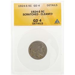1924-S Buffalo Nickel Coin ANACS GD4 Details Scratched Cleaned