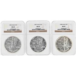 Set of 1986-1988 $1 American Silver Eagle Coins NGC MS69