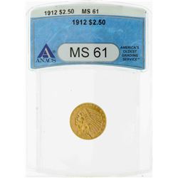 1912 $2 1/2 Indian Head Quarter Eagle Gold Coin ANACS MS61