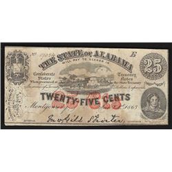 1863 Twenty-Five Cents The State of Alabama Obsolete Note