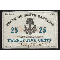 1863 State of South Carolina Twenty-Five Cents Bank Note