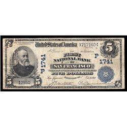 1910 $5 First National Bank of San Francisco Currency Note - Hole