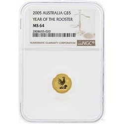2005 $5 Australia Year of the Rooster Gold Coin NGC MS64