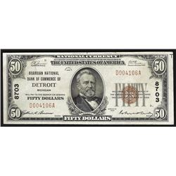 1929 $50 National Currency Note Guardian National Bank of Commerce of Detroit