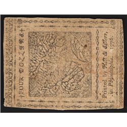 July 22, 1776 $4 Philadelphia Spanish Milled Colonial Currency Note
