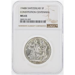 1948B Switzerland $5 Francs Constitution Centennial Silver Coin NGC MS65