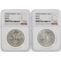 Set of (2) 1985MO and 1986MO Mexico $1 Silver Coins NGC MS66