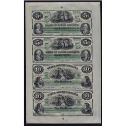 1872 $5 Uncut Sheet of State of South Carolina Obsolete Bank Notes