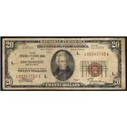 1929 $20 Federal Reserve Bank of San Francisco Note