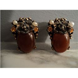 1930 Antique Earrings Sterling Citrine Amber Filigree