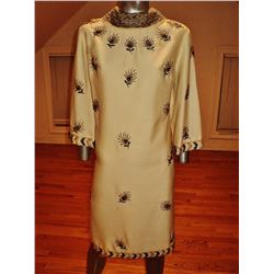 Vintage 1950's trapeze raw silk A-line dress  heavily embellished gold /copper bead embroidery