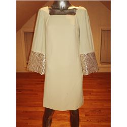 Vintage 1950's trapeze A-line dress heavily embellished gold pearl sequin embroidery on bell sleeves