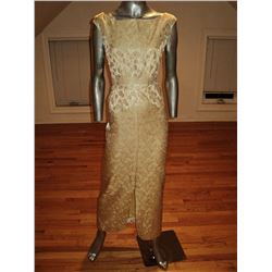 Gold Brocade 1950 Cocktail Gown Slit Front Plunged Back