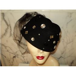 Vintage 1960 Facinator Breton Wool/Felt Hat Tulle Stone