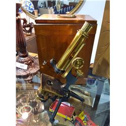 JH STEWARD OF LONDON BRASS MICROSOPE W/WOOD CASE