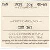 Image 3 : 1939 Canada ICCS Graded Silver 50-Cent Half Dollar Coin - MS-65!!!