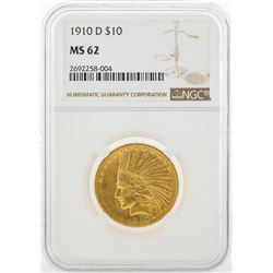 1910 D $10 Indian Head Eagle Gold Coin NGC MS62