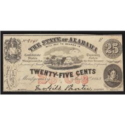 1863 Twenty-Five Cents The State of Alabama Obsolete Note