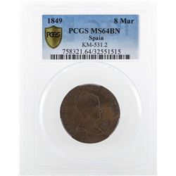 1849 Spain 8 Maravedis Coin KM-531.2 PCGS MS64BN