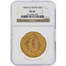 1908 NM $20 Saint Gaudens Double Eagle Gold Coin NGC MS66