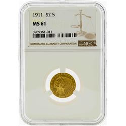 1911 $2 1/2 Indian Head Quarter Eagle Gold Coin NGC MS61
