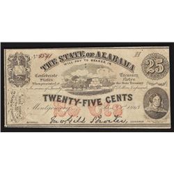 1863 Twenty-Five Cents The State of Alabama Obsolete Note