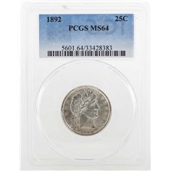 1892 Barber Quarter Dollar Coin PCGS MS64