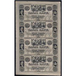 1800s $20 Uncut Sheet of New Orleans Canal Bank Obsolete Notes