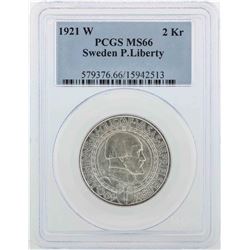 1921-W Sweden P. Liberty 2 Kroner Coin PCGS MS66