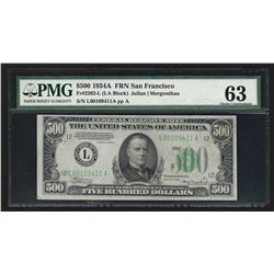 1934A $500 Federal Reserve Note San Francisco PMG Choice CU63 Stamp Ink