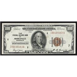 1929 $100 Federal Reserve Bank Note of Minneapolis