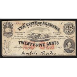 1863 Twenty-Five Cents The State of Alabama Obsolete Note