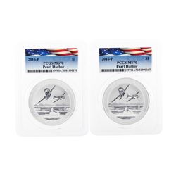 Set of (2) 2016-P $1 Pearl Harbor Silver Coins PCGS MS70
