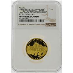 1990 10g Germany Gold Hamburg Sister City Prag Medal NGC Graded PF69 Ultra Cameo