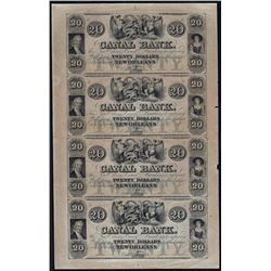 1800s $20 Uncut Sheet of New Orleans Canal Bank Obsolete Notes