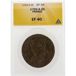 1792-A 2 Sols France Coin ANACS EF40