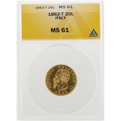 1862-T 20 Lira Italy Gold Coin ANACS MS61