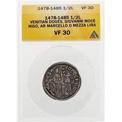 1478-1485 1/2 Lira Venitian Doges Giovanni Moce Nigo AR Marello O Mezza Coin ANA