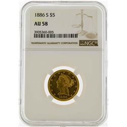 1886-S $5 Liberty Head Half Eagle Gold Coin NGC AU58