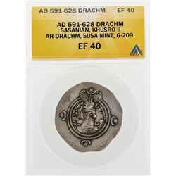 AD 591-628 Drachm Sasanian Khusro II AR Drachm Sus Mint G-209 Coin ANACS EF40