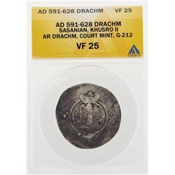 AD 591-628 Drachm Sasanian Khusro II AR Drachm Court Mint G-212 Coin ANACS VF25