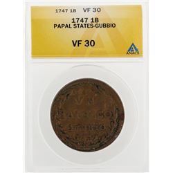 1747 1 Biaocco Papal States Gubbio Coin ANACS VF30
