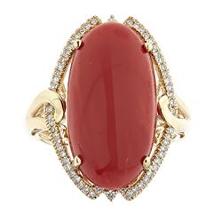 10.11 ctw Coral and Diamond Ring - 14KT Yellow Gold