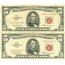 1963 $5 VG/XF Red Seal Note Lot of 2