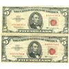 Image 1 : 1963 $5 VG/XF Red Seal Note Lot of 2