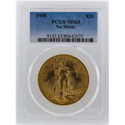 1908 PCGS MS63 $20 No Motto St. Gaudens Double Eagle Gold Coin