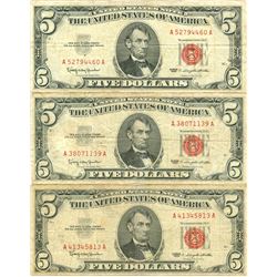 1963 $5 VG/XF Red Seal Note Lot of 3